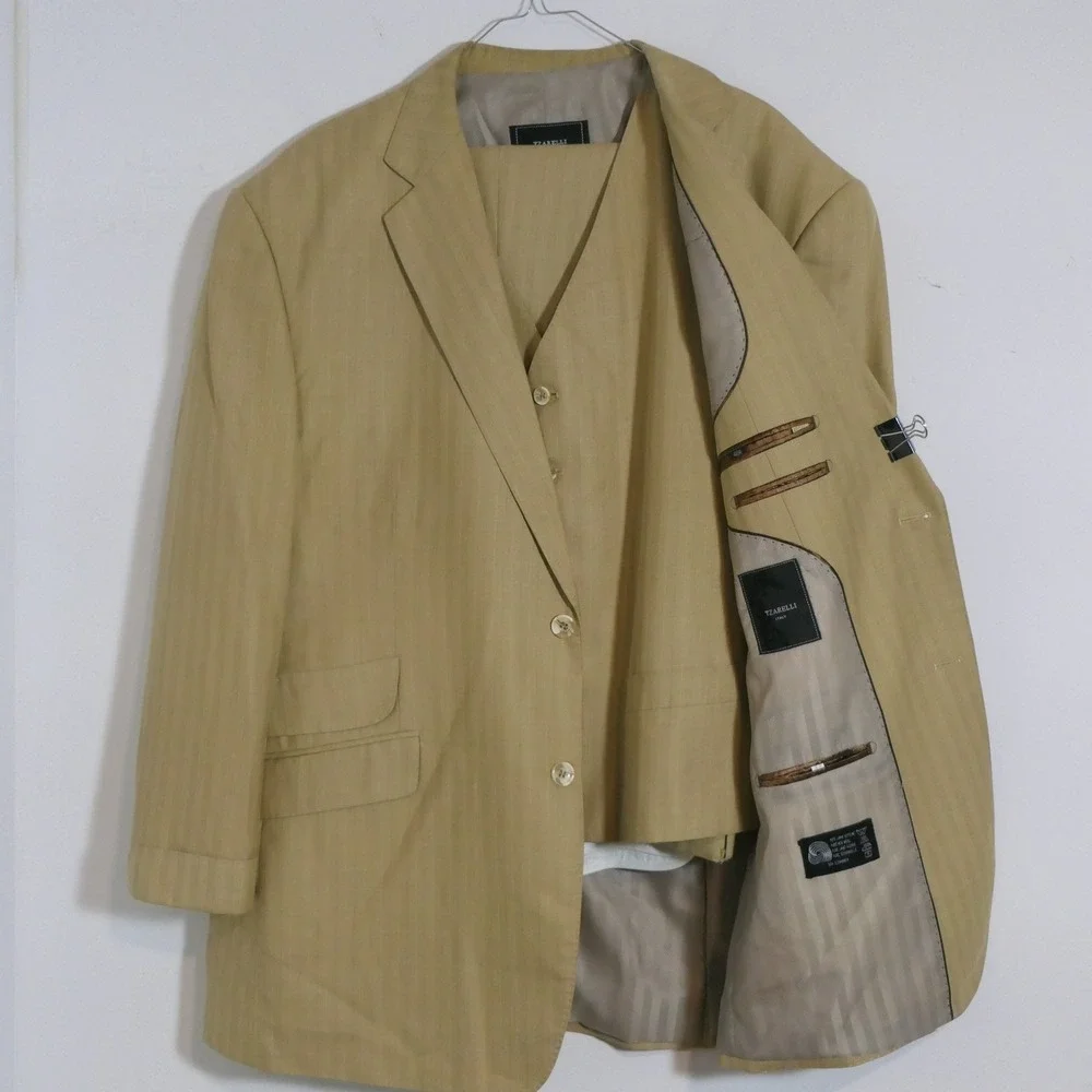 Tzarelli Mens 3-Piece Suit 46R Tan Striped Super 150s Wool Italian Dapper Formal